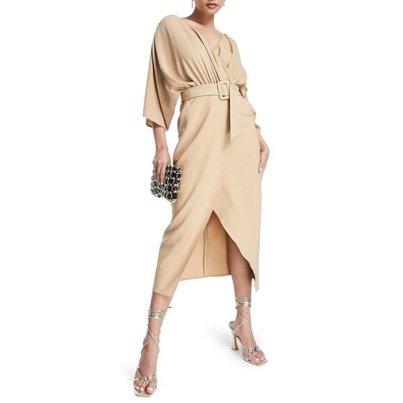 ASOS Design NWT Belted Faux Wrap Midi Dress Tan Size 6 - Picture 1 of 8